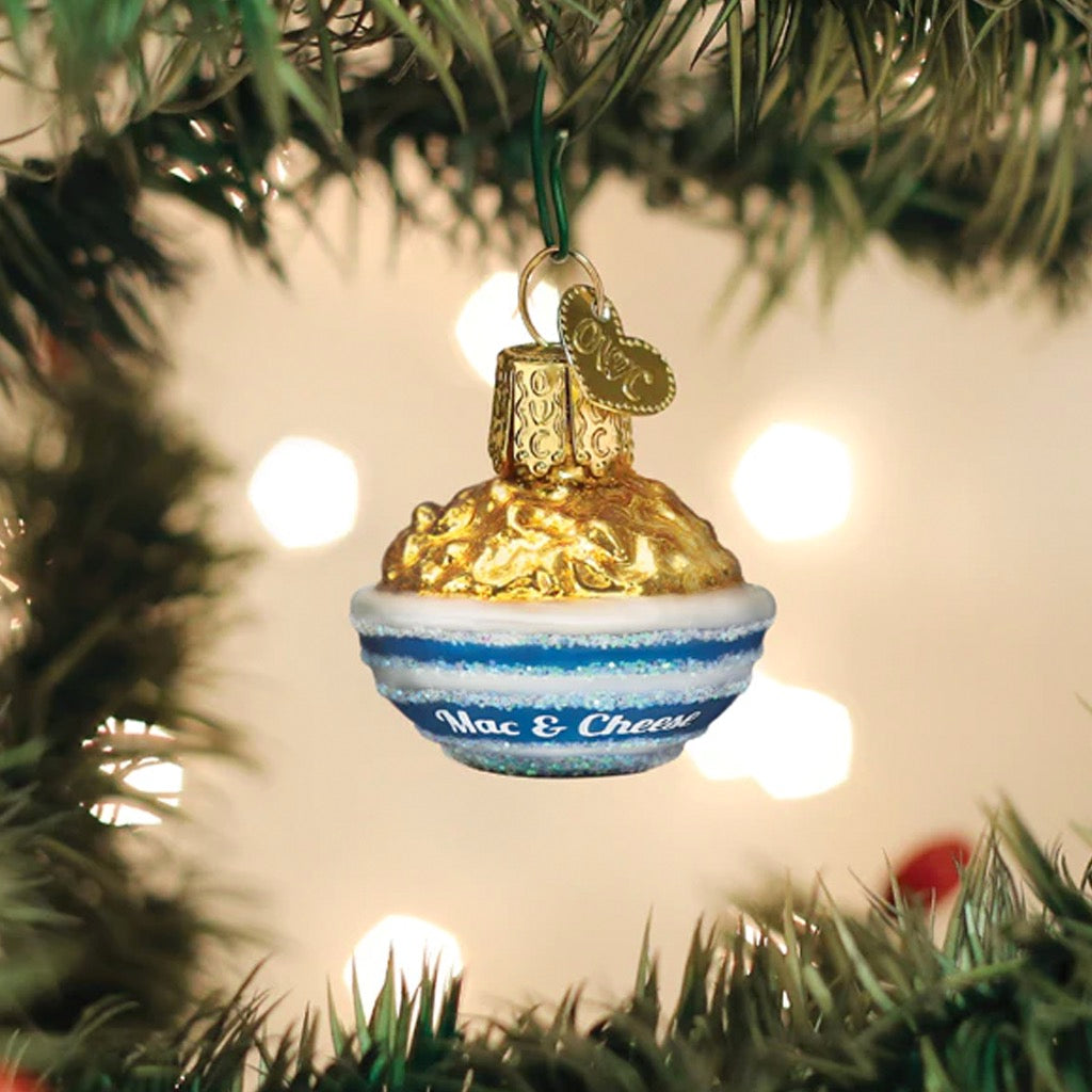 Mini Mac & Cheese Ornament in tree.