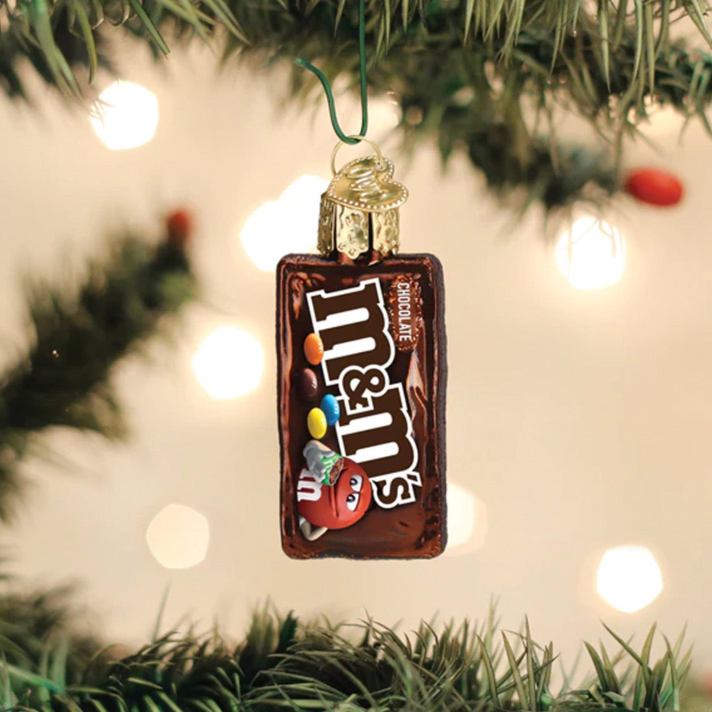 Mini M&M's Bag Ornament in tree.