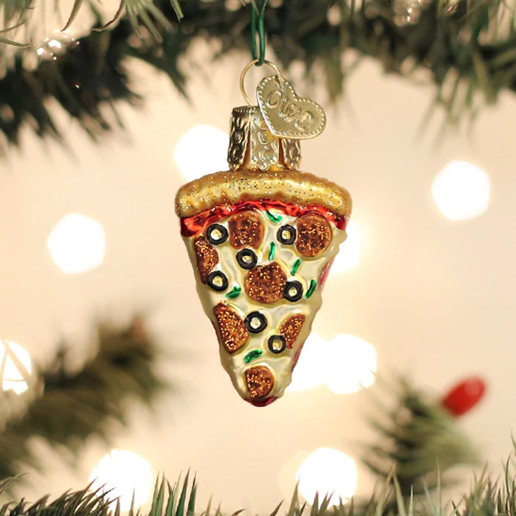 Mini Pizza Slice Ornament in tree.