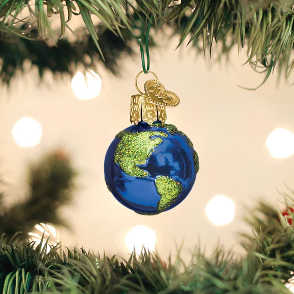 Mini Planet Earth Ornament in tree.