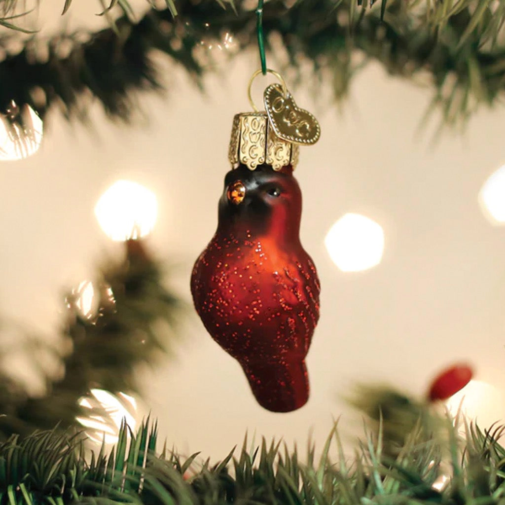 Mini Red Cardinal Ornament in tree.