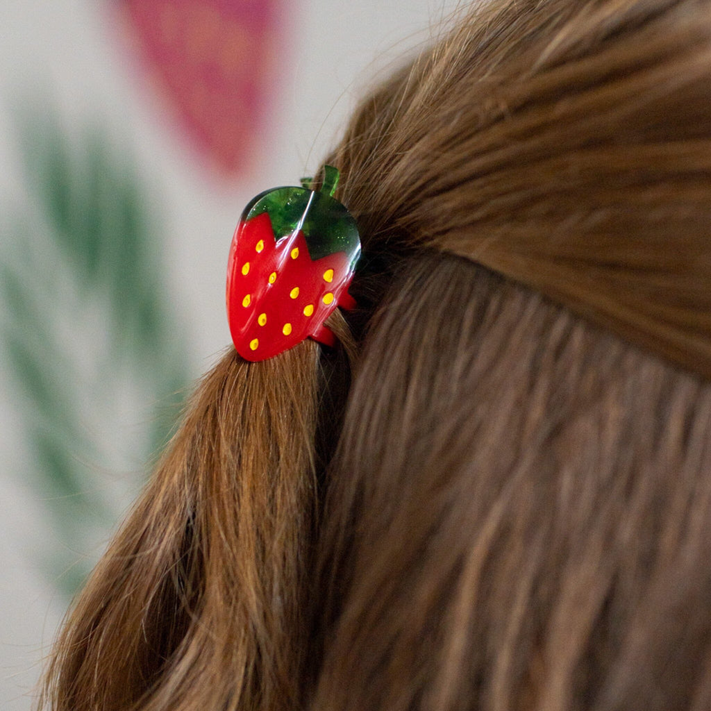 Mini Strawberry Hair Claw in hair.
