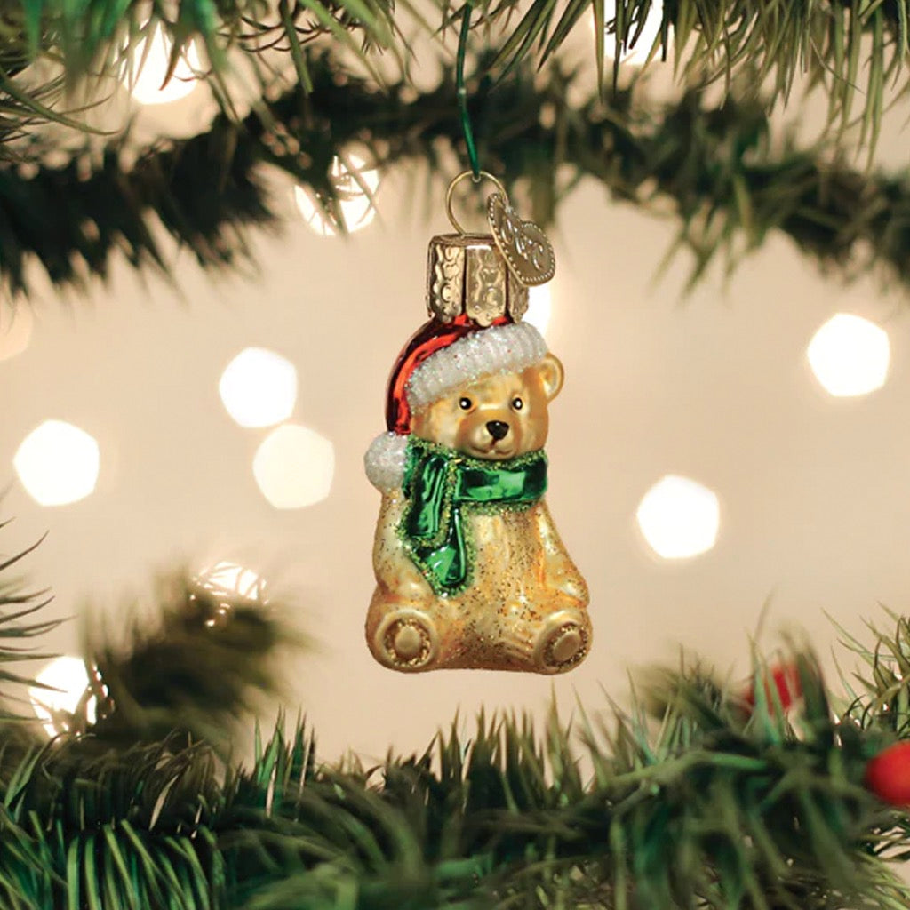 Mini Teddy Bear Ornament in tree.