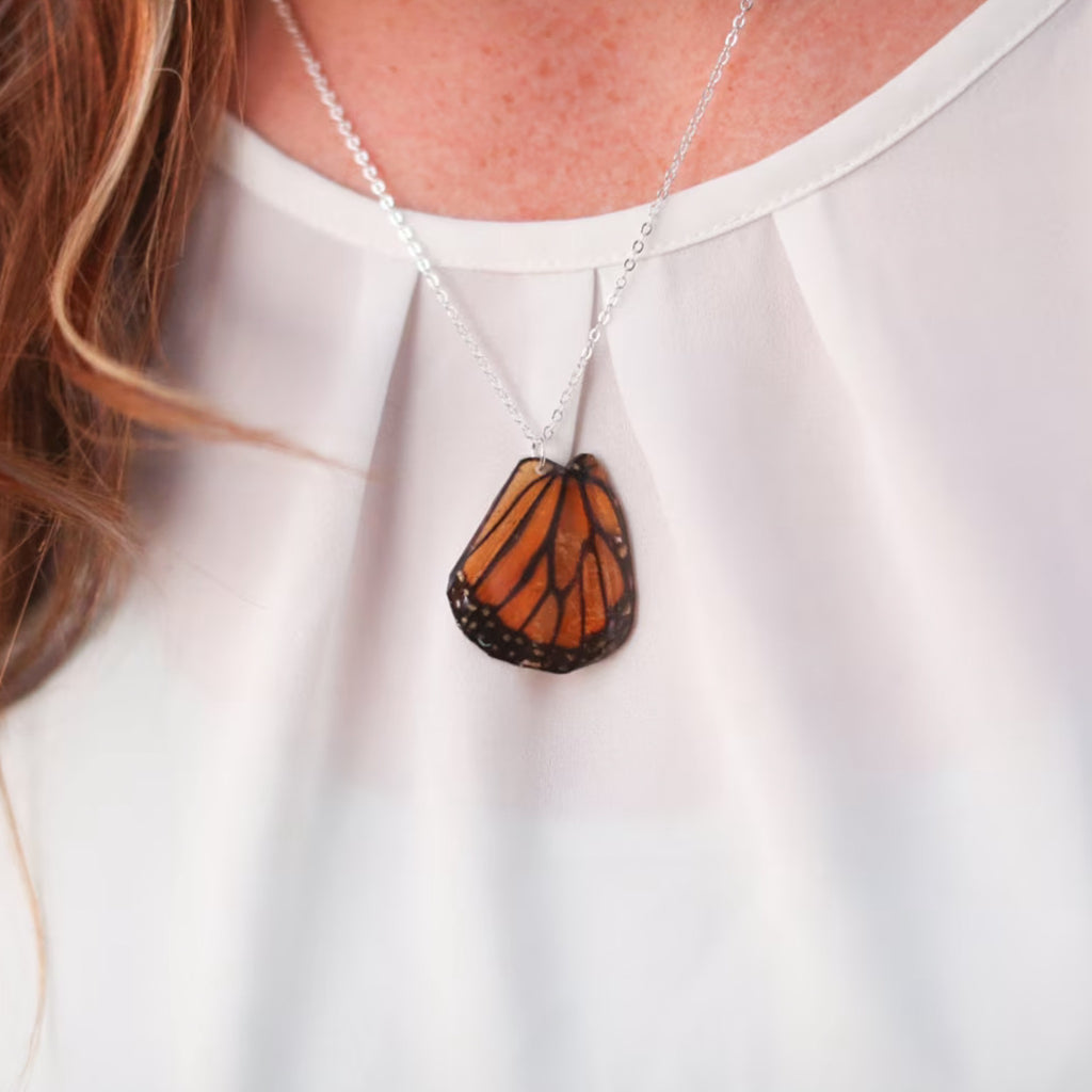 Monarch Butterfly Wing Necklace Silver.