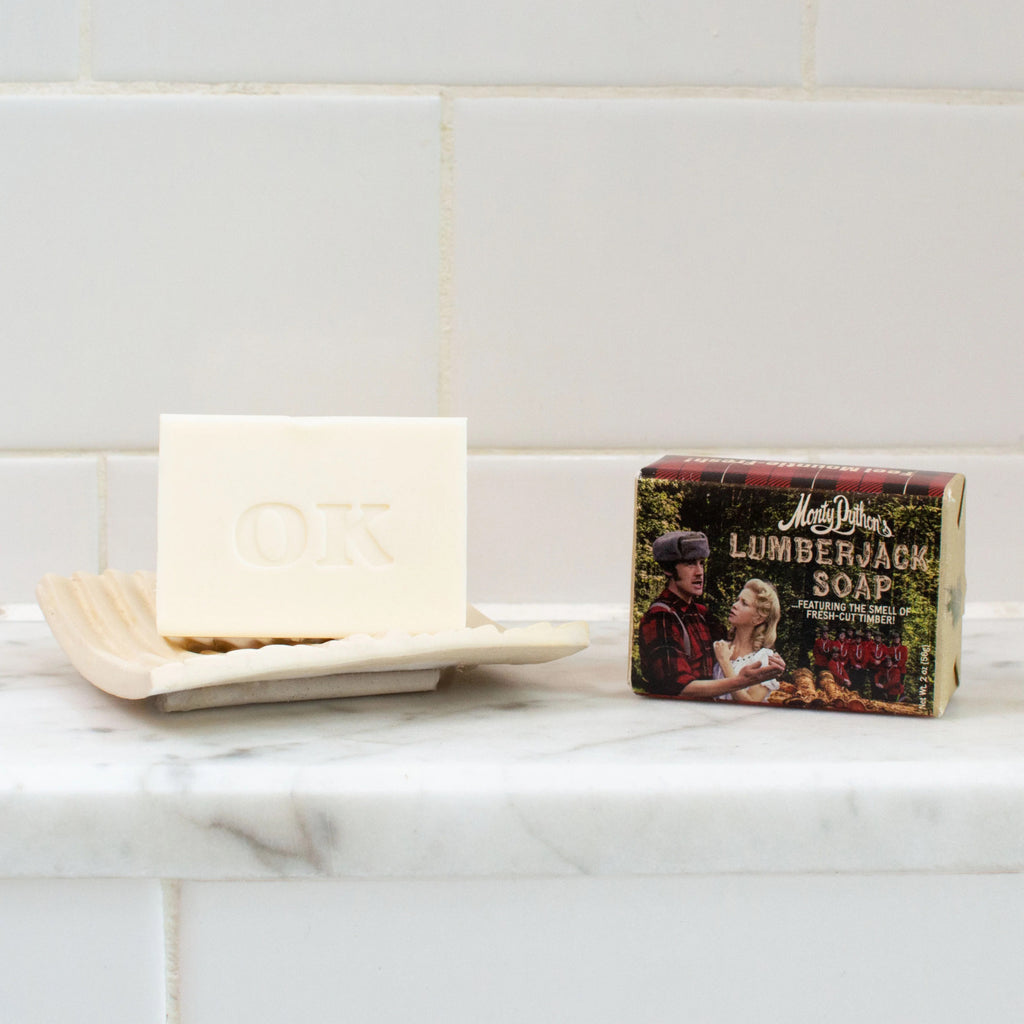 Monty Python's Lumberjack Soap on counter.