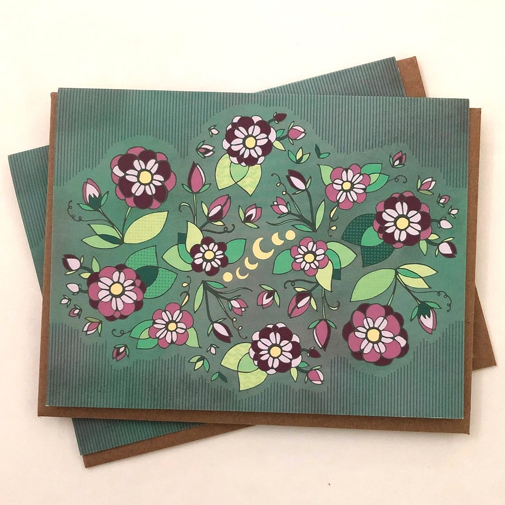 Moon Phase Flowers On Green Card