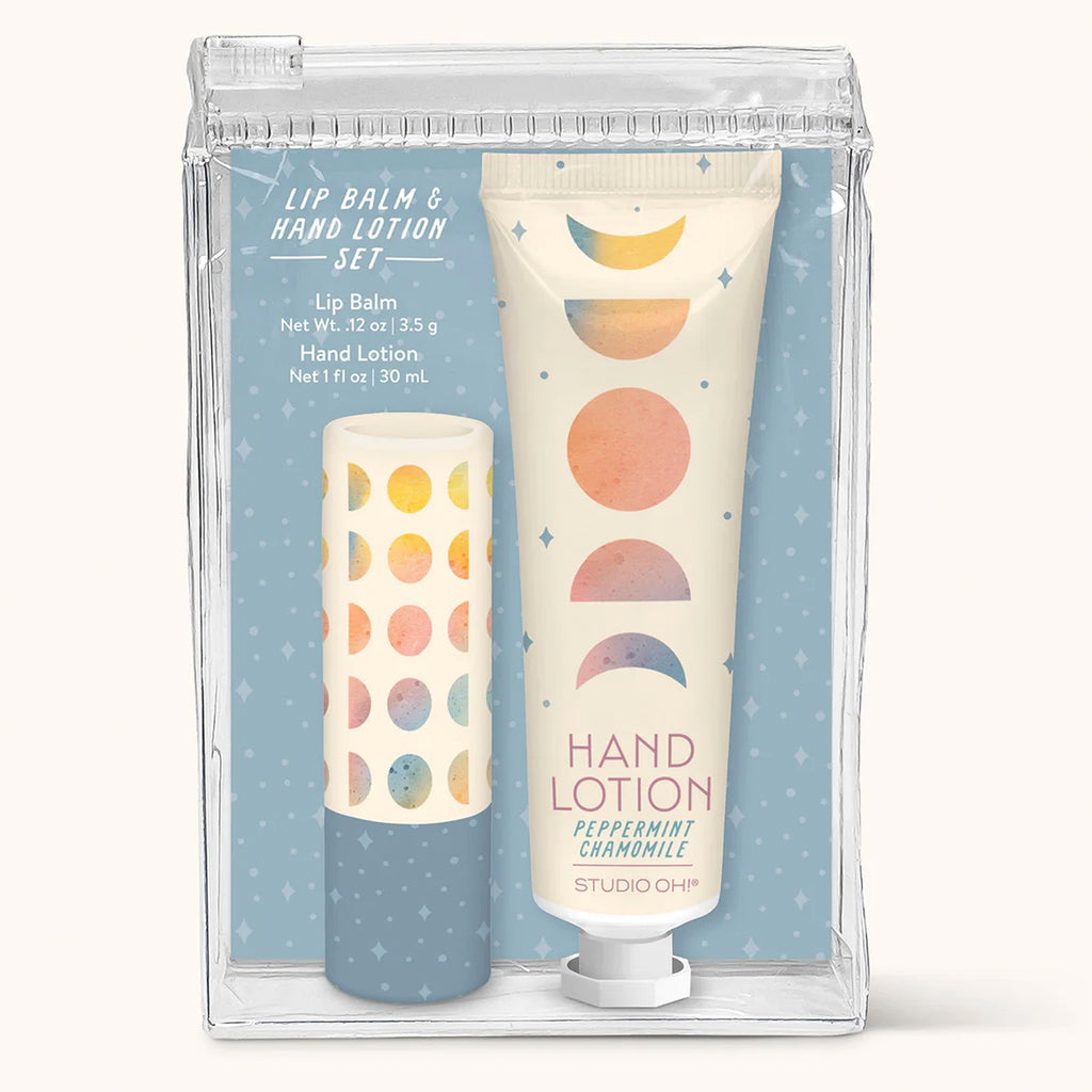 Moon Phases Lip Balm & Hand Lotion Gift Set packaging.