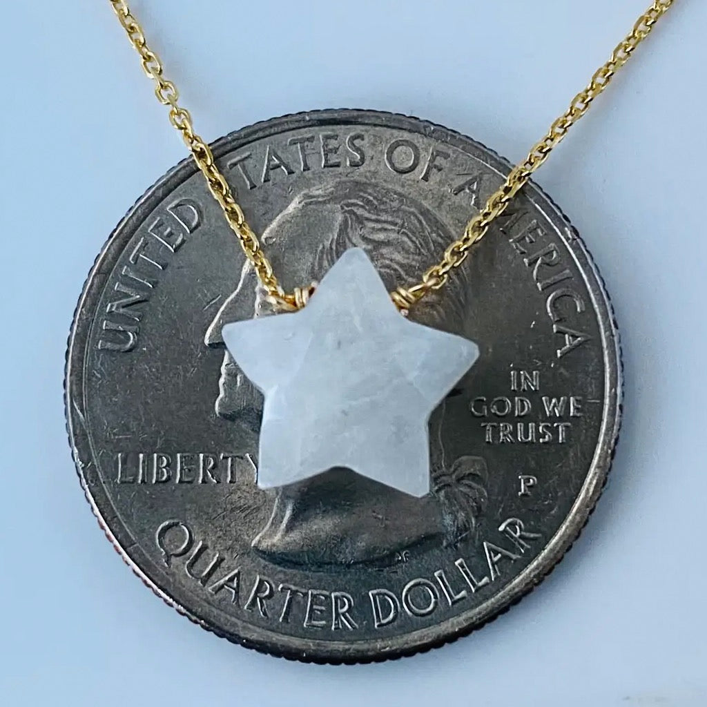 Moonstone Star Necklace on coin.