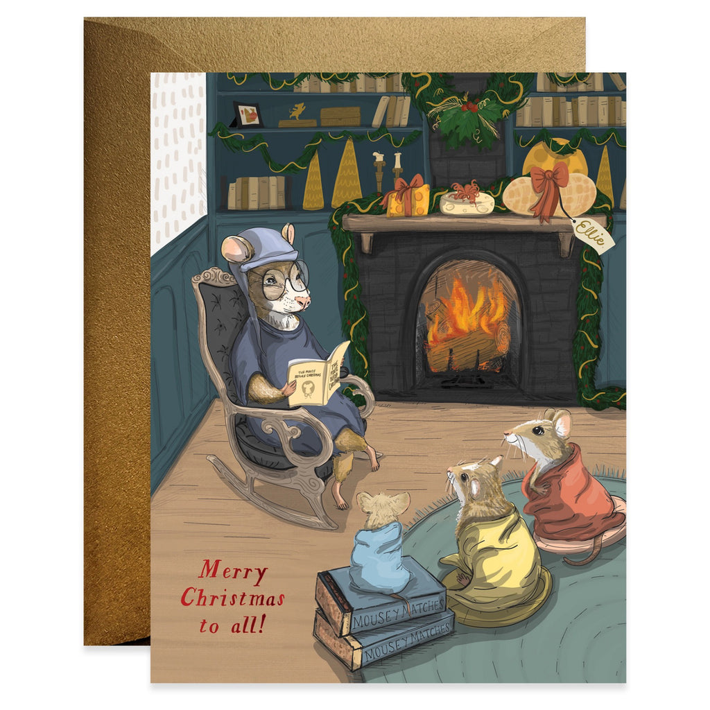 Mouse Reading Christmas Story Card
