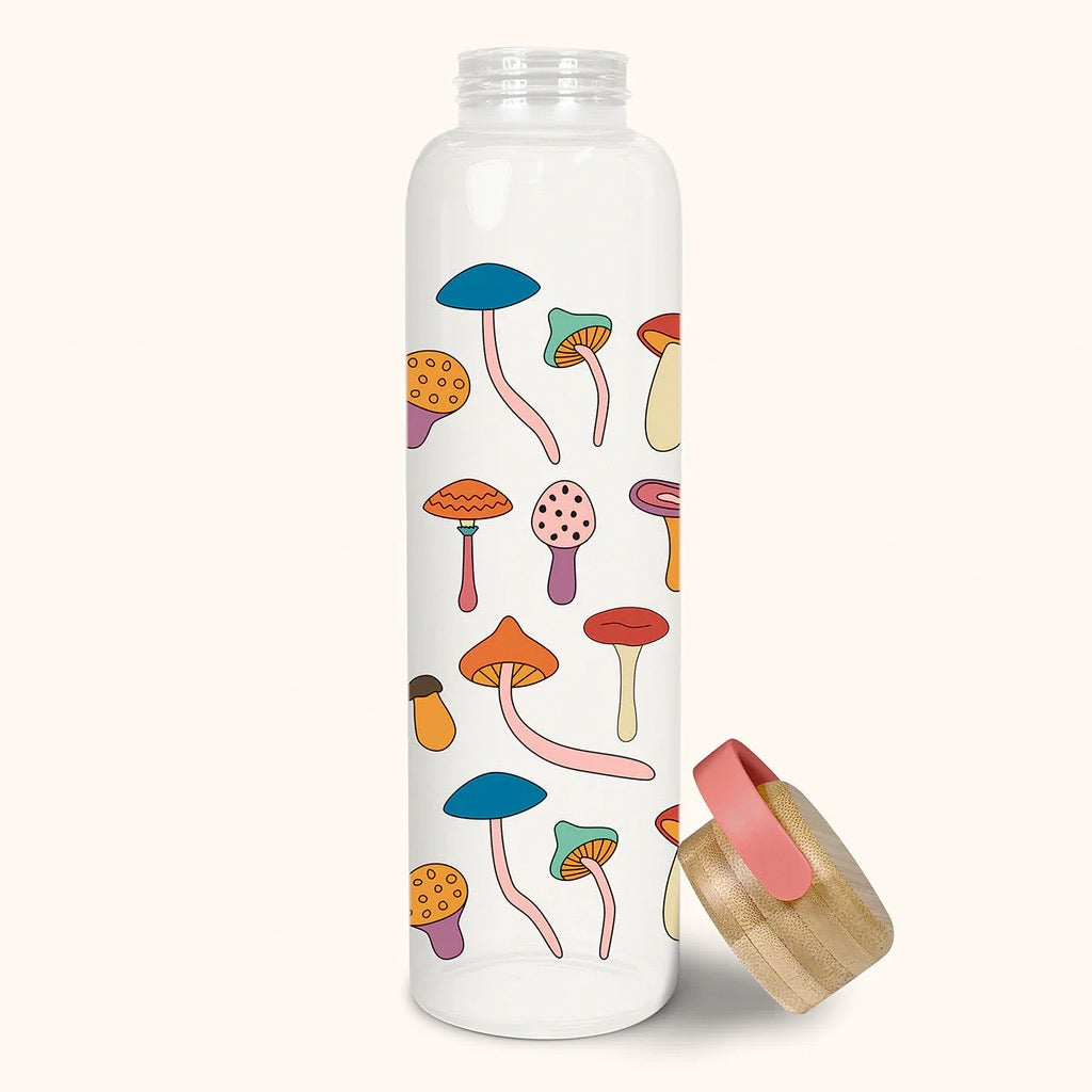 Mushroom Melody Glass Water Bottle with Bamboo Lid open.
