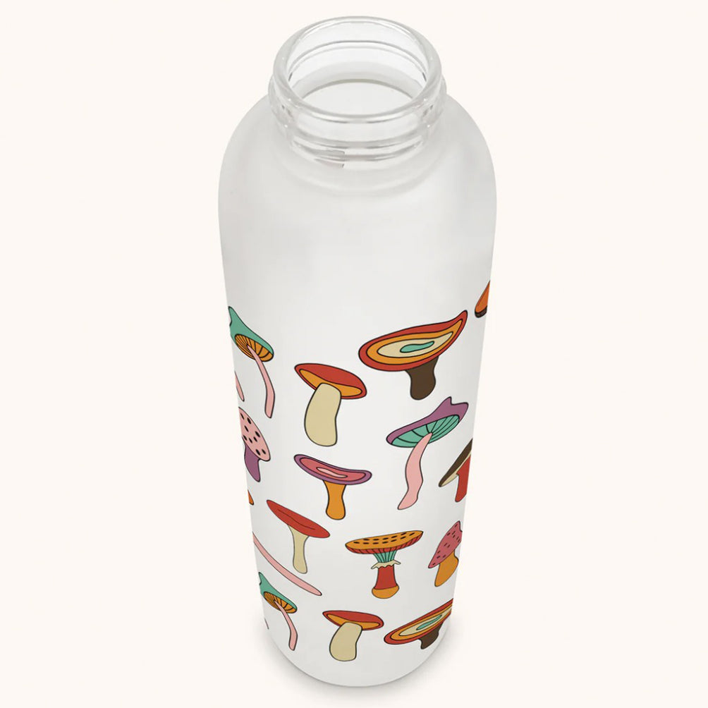 Mushroom Melody Glass Water Bottle with Bamboo Lid top view.