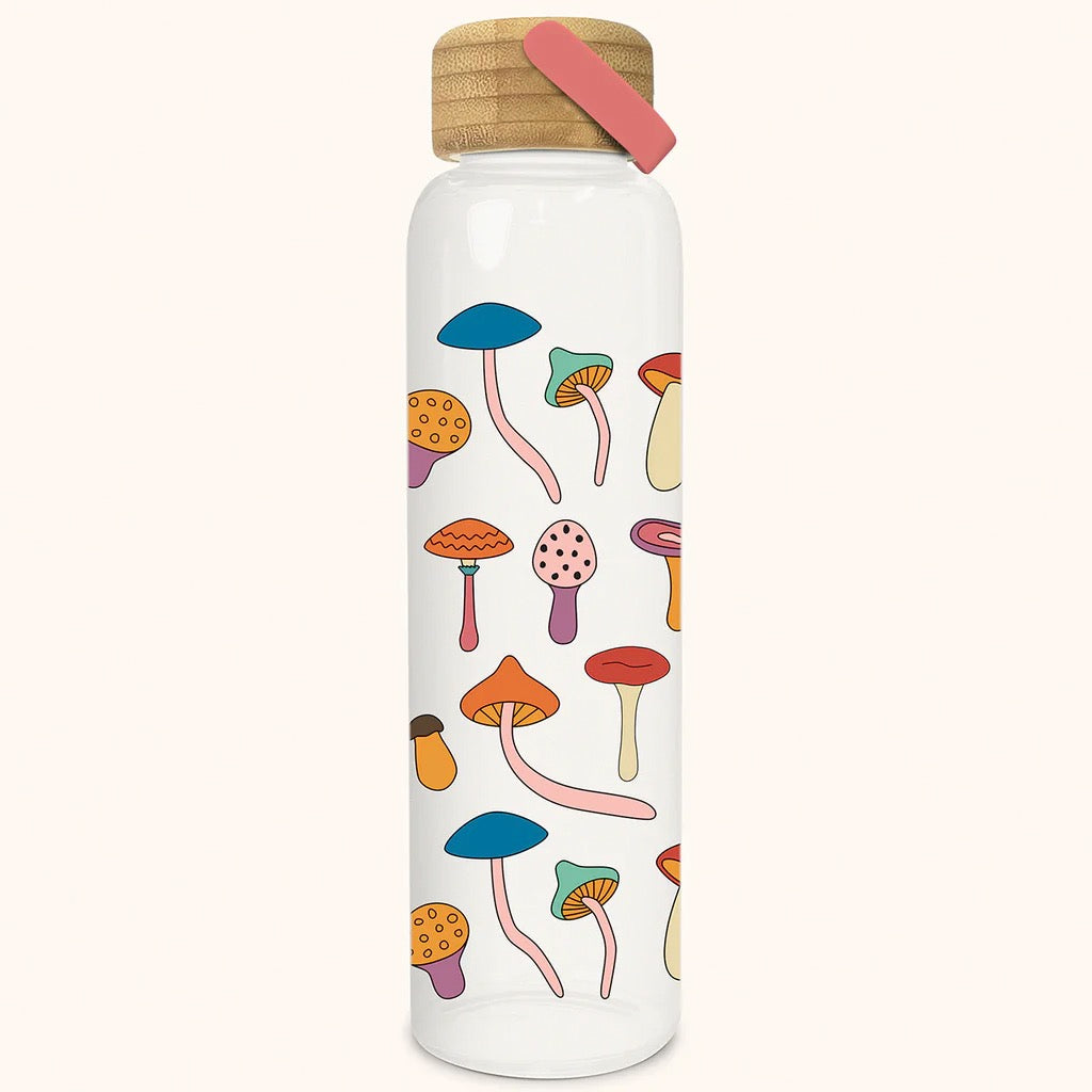 Mushroom Melody Glass Water Bottle with Bamboo Lid.
