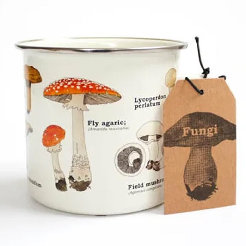Mushrooms Enamel Mug with tag.