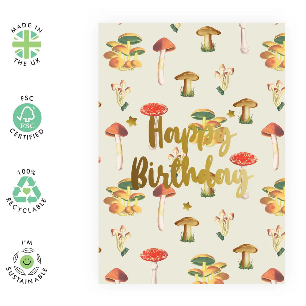 Mushrooms Gold Foil Happy Birthday Card specs.