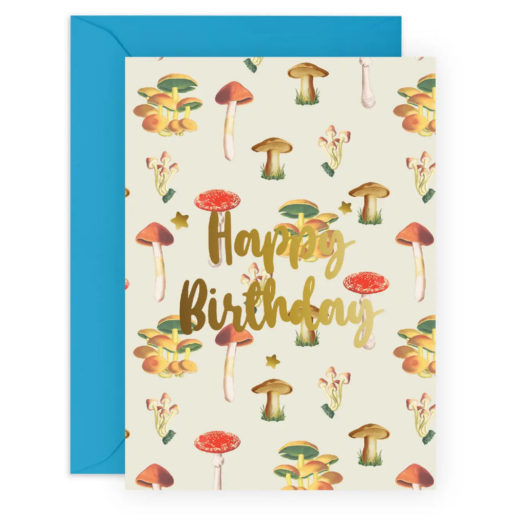 Mushrooms Gold Foil Happy Birthday Card.