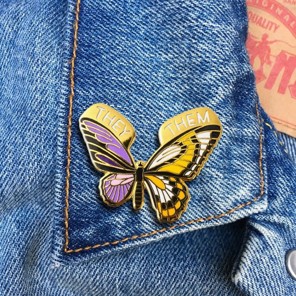 Non-Binary Butterfly Enamel Pin On Jacket