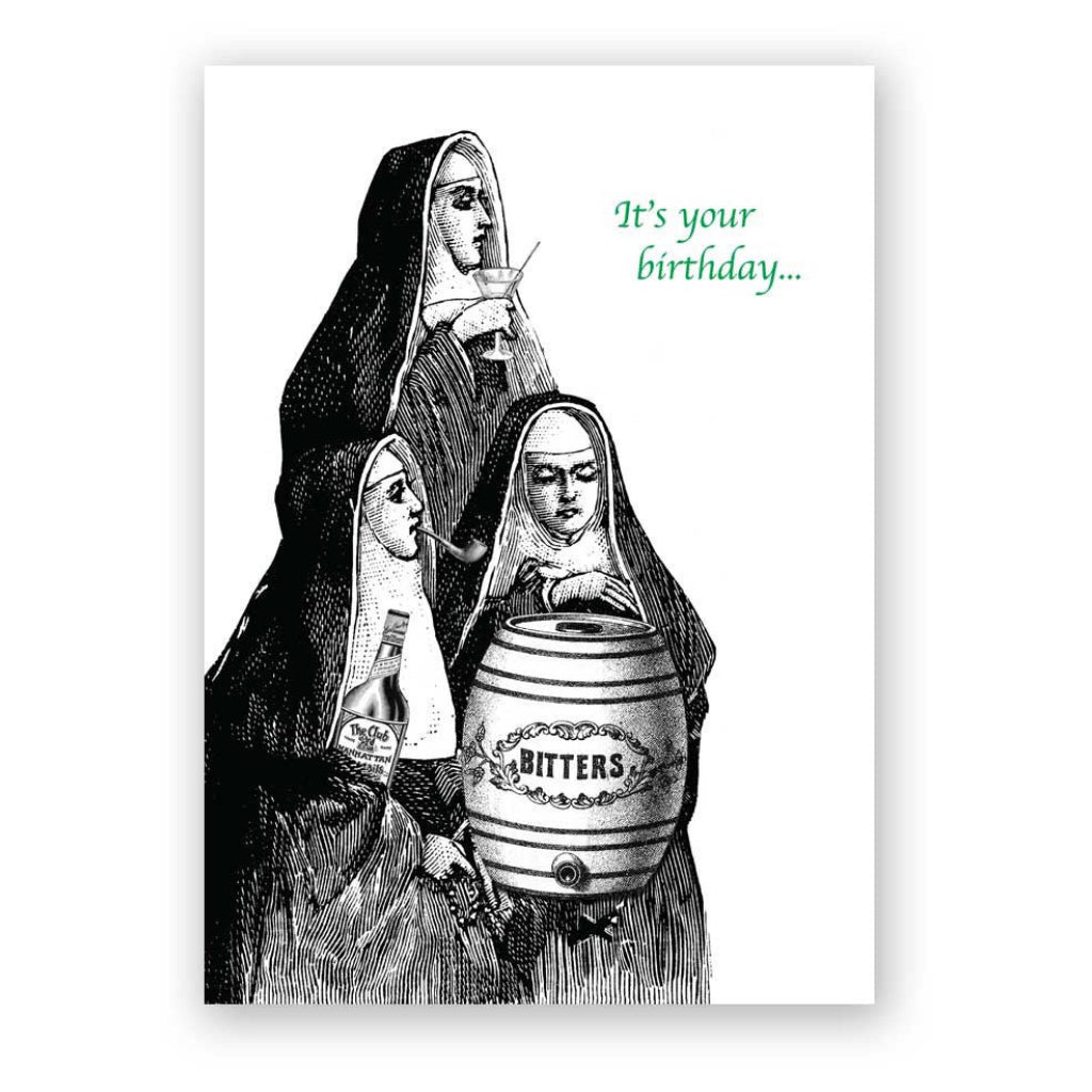 Nuns With Bitters Barrel Birthday Card