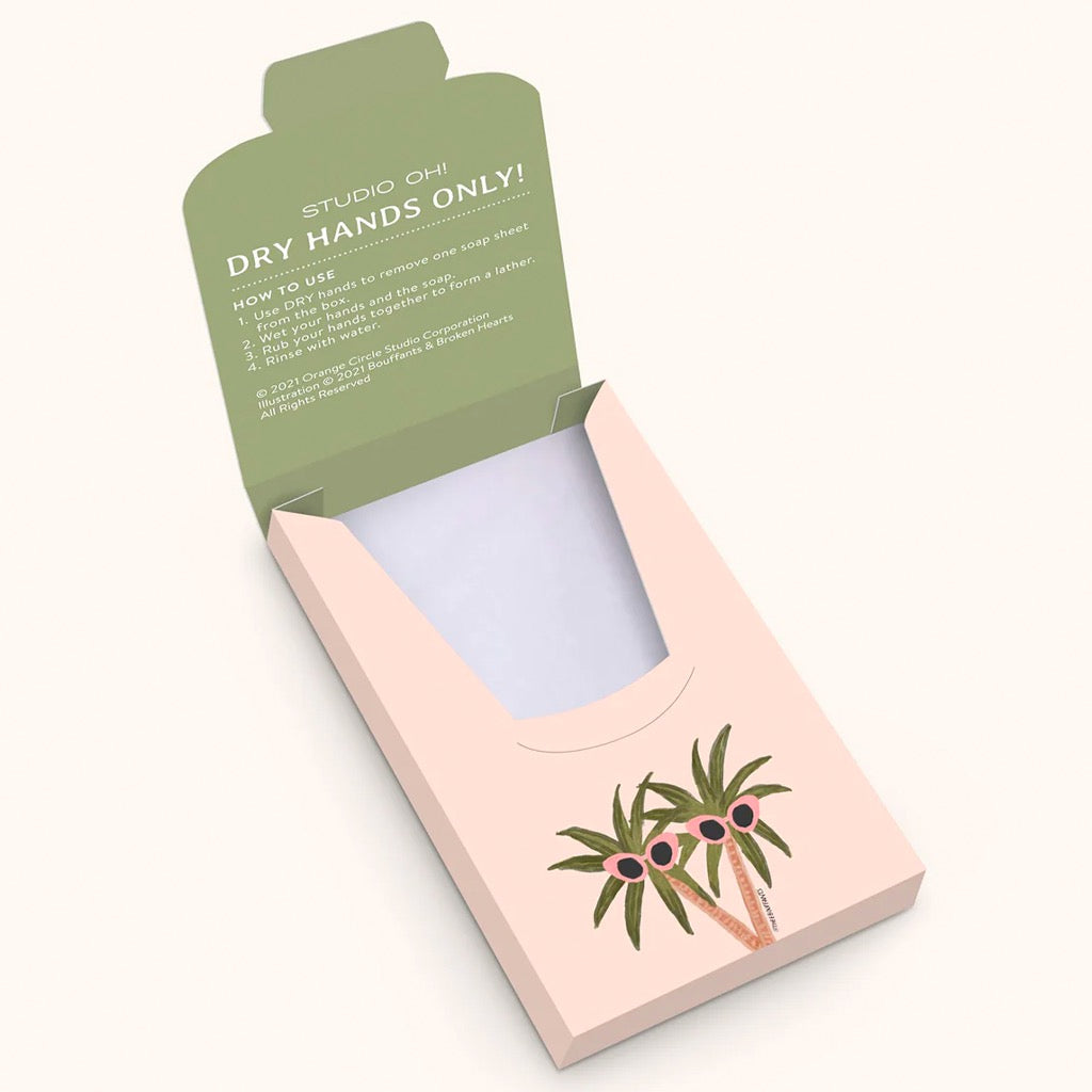 Open view of Sunny Palms Single-Use Soap Sheets.