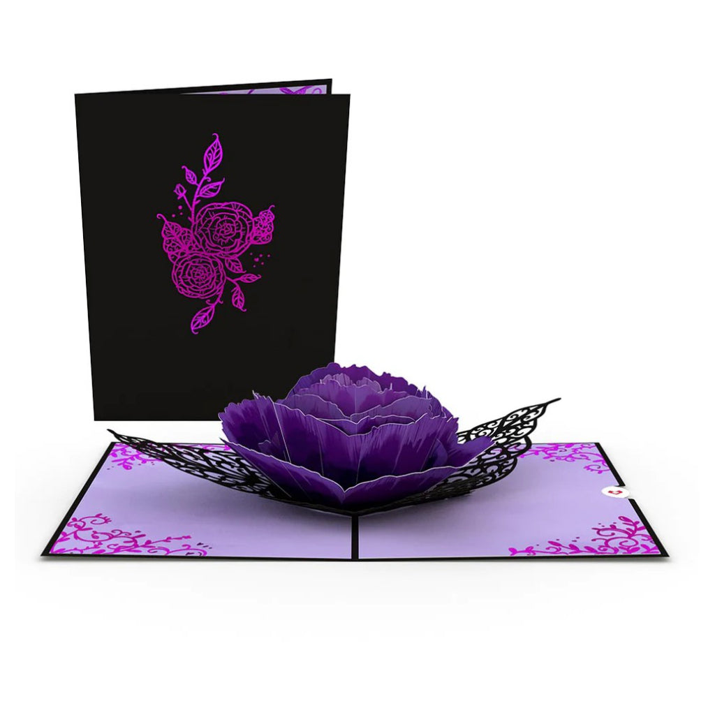 Ornate Purple Rose Bloom 3D Pop Up Card front and open.