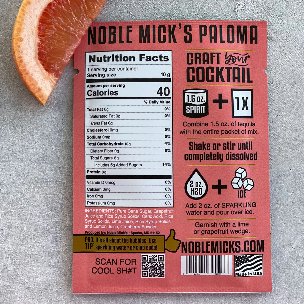 Paloma Single Serve Cocktail Mix back of package.