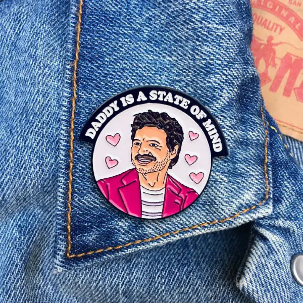 Pedro Daddy Pin on jacket.