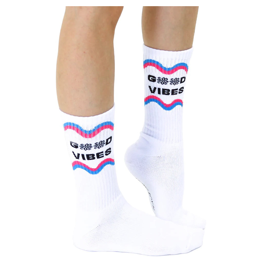 Person wearing Good Vibes Classic Crew Socks.