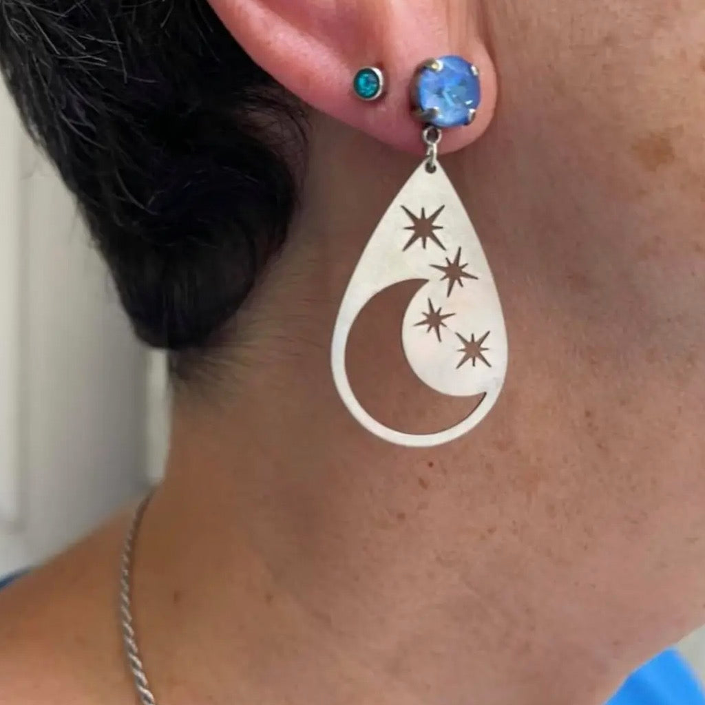 Person wearing Goodnight Moon Statement Earrings.