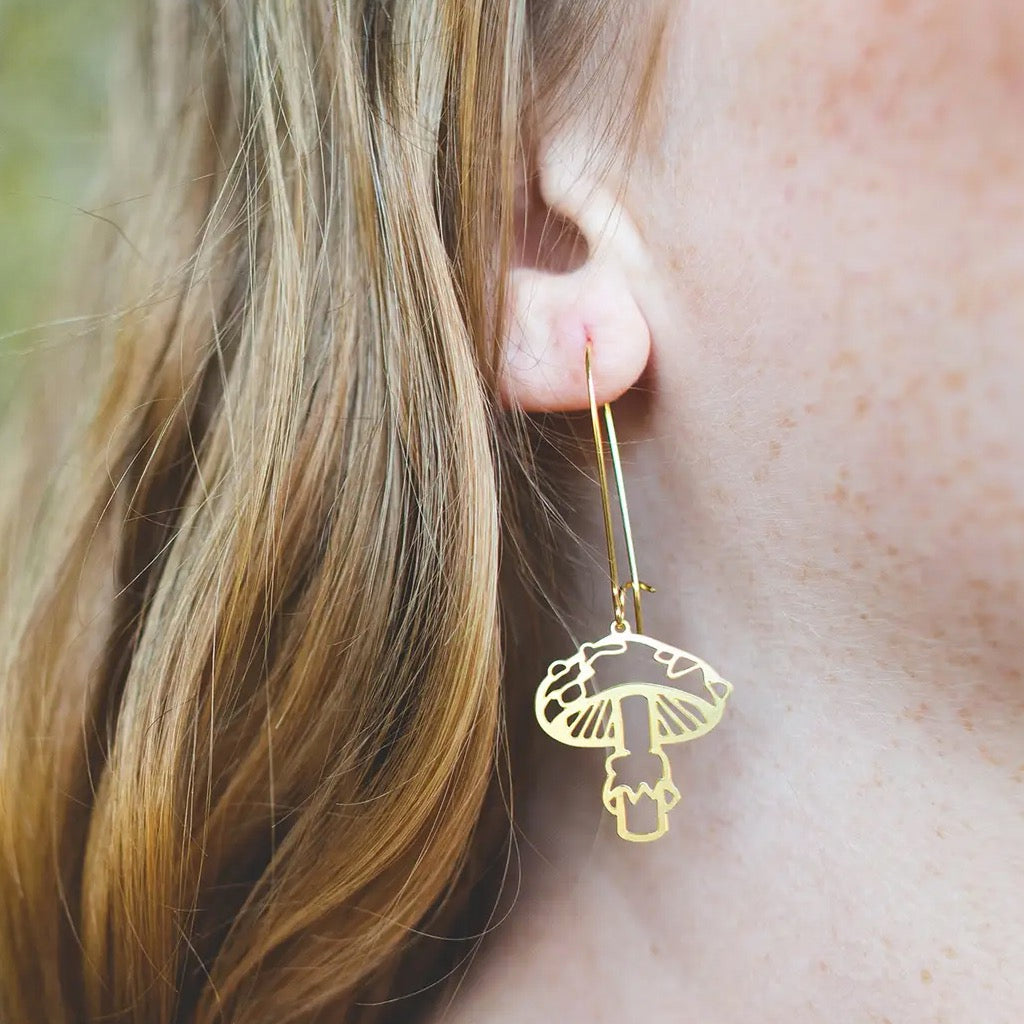 Person wearing Mushroom Earrings Gold.
