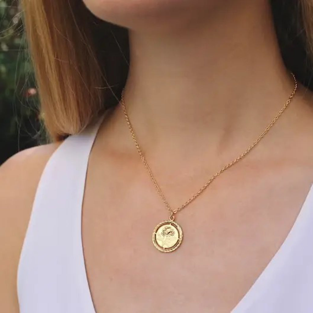 Person wearing Rose Medallion Necklace.