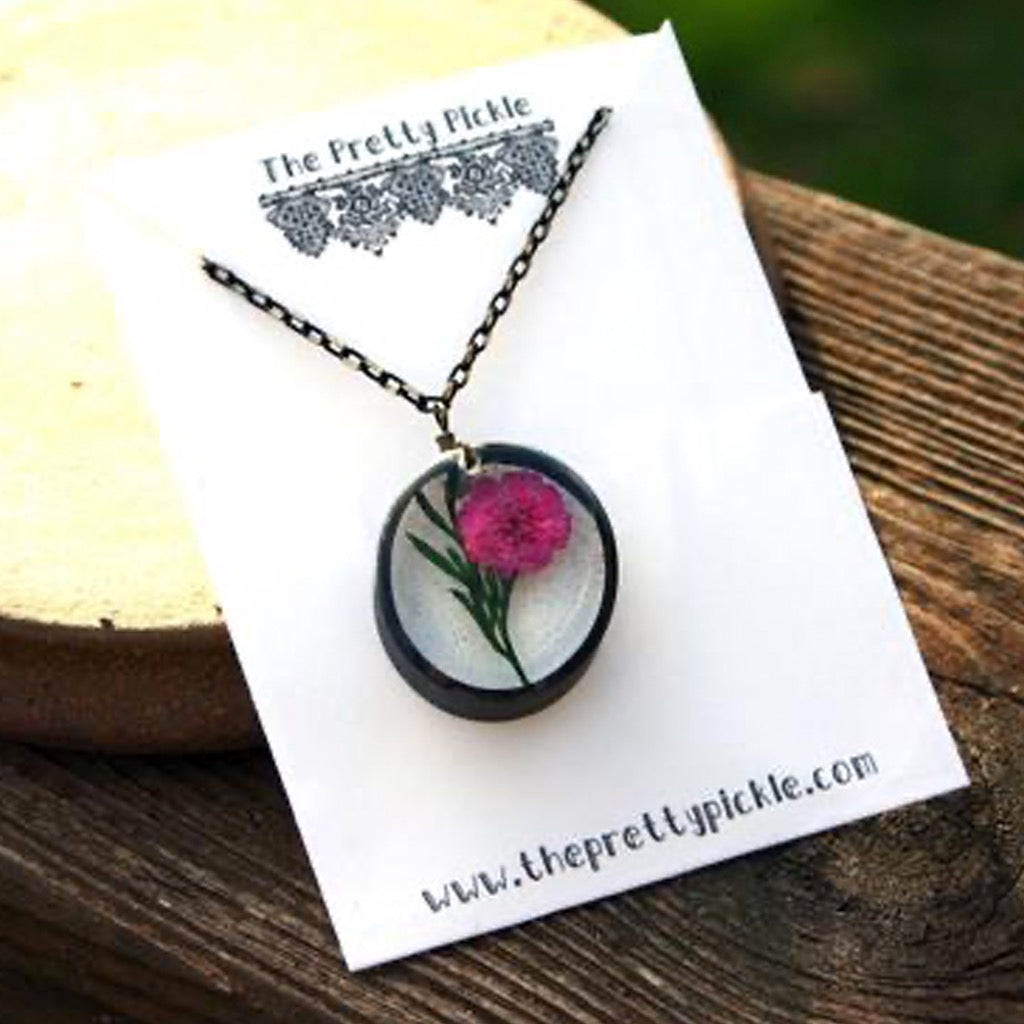 Pink Carnation and Green Fern Necklace packaging.