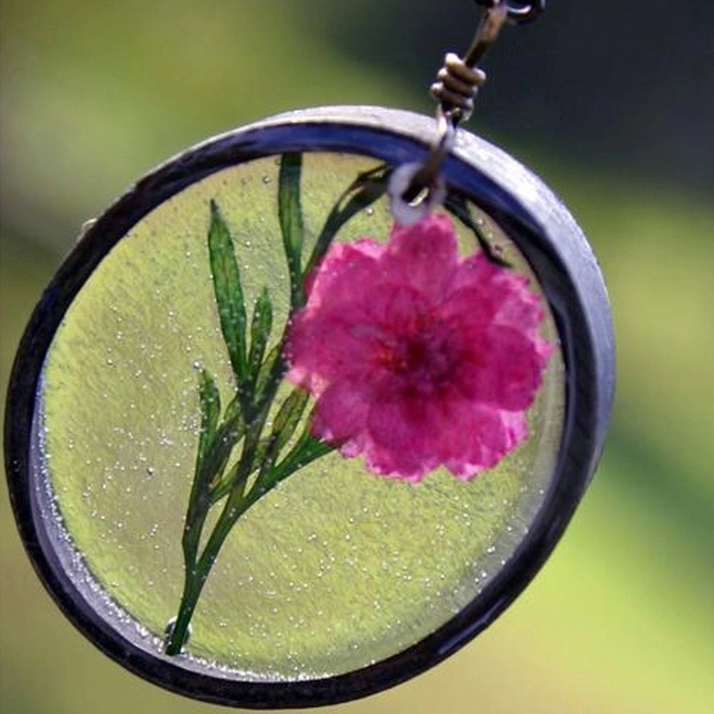 Pink Carnation and Green Fern Necklace.