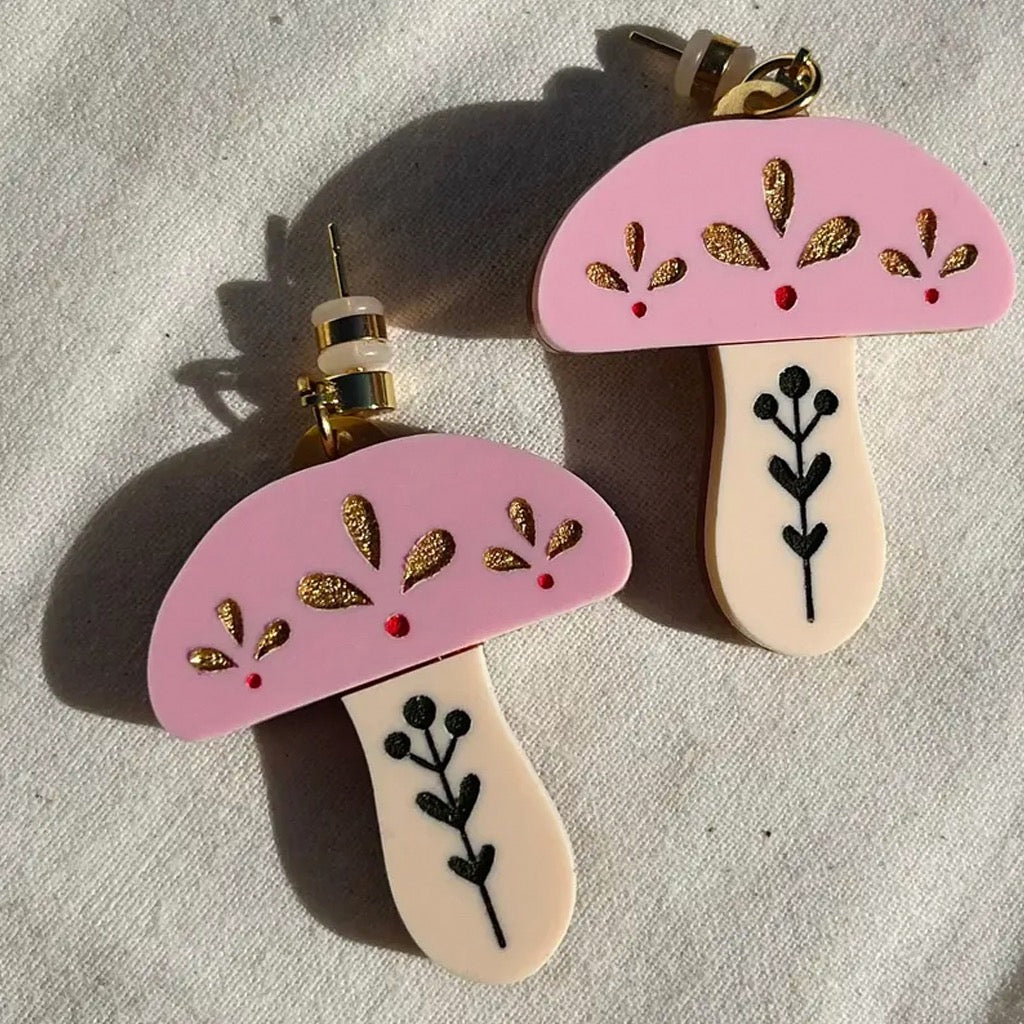 Pink Folk Mushroom Earrings.