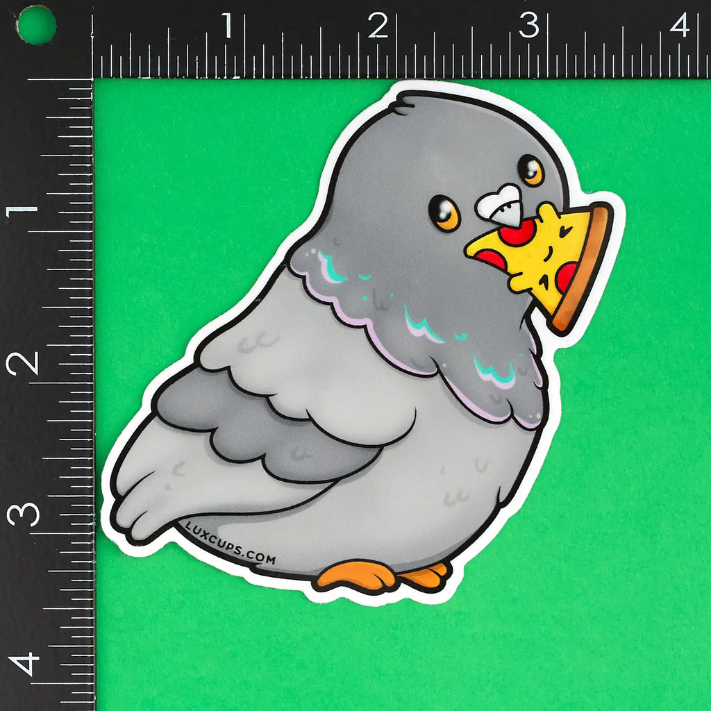 Pizza Pigeon Sticker beside ruler to show scale.