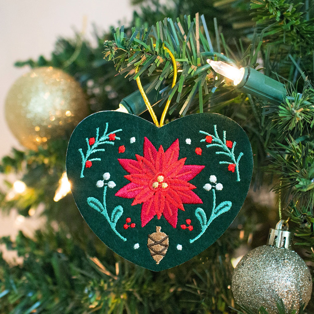 Poinsettia Heart Embroidered Ornament Lifestyle