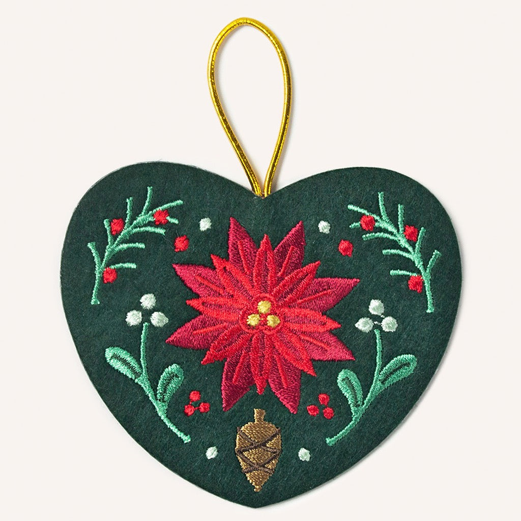 Poinsettia Heart Embroidered Ornament