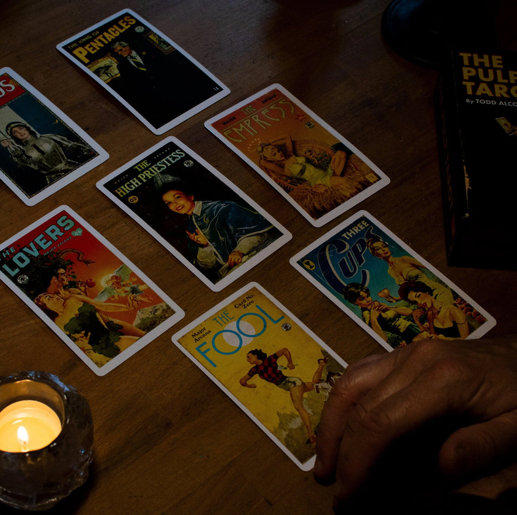 Pulp Tarot Deck being used on table.