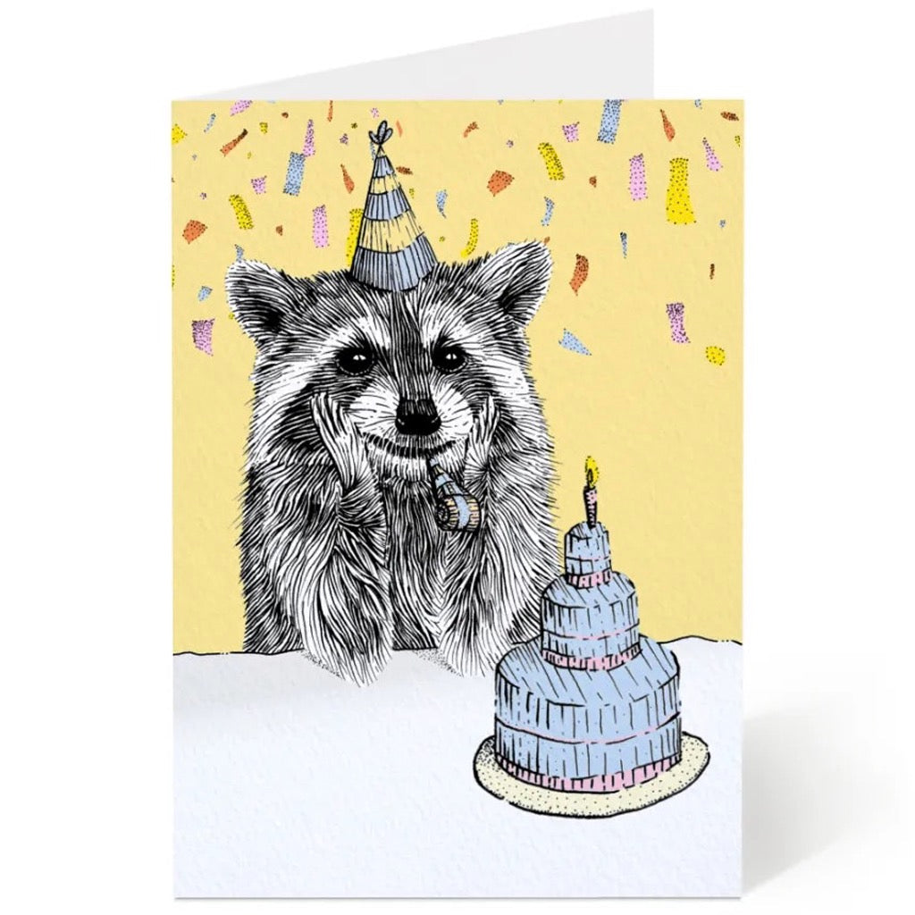 Raccon With Noisemaker Birthday Card.