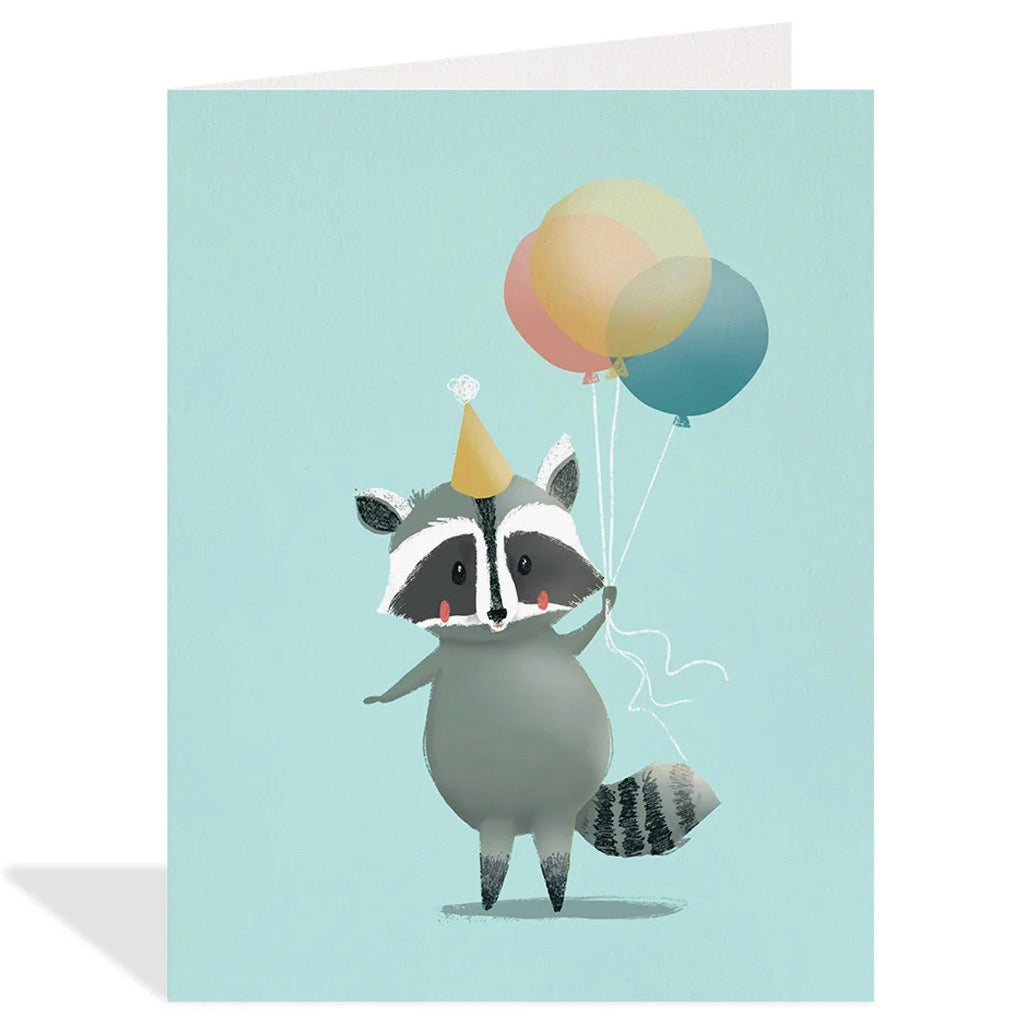 Raccoon With Balloons Birthday Card.