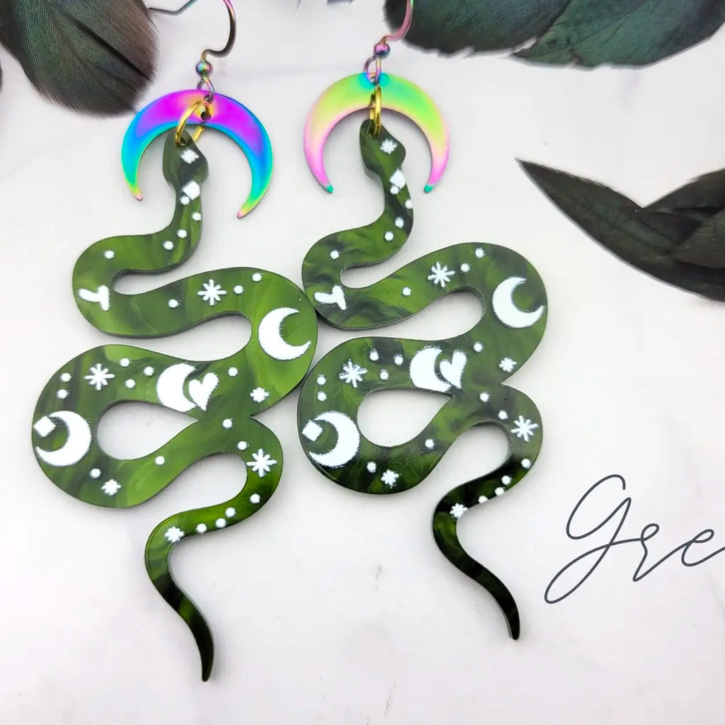 Rainbow Crescent Moon Snake Earrings Green.