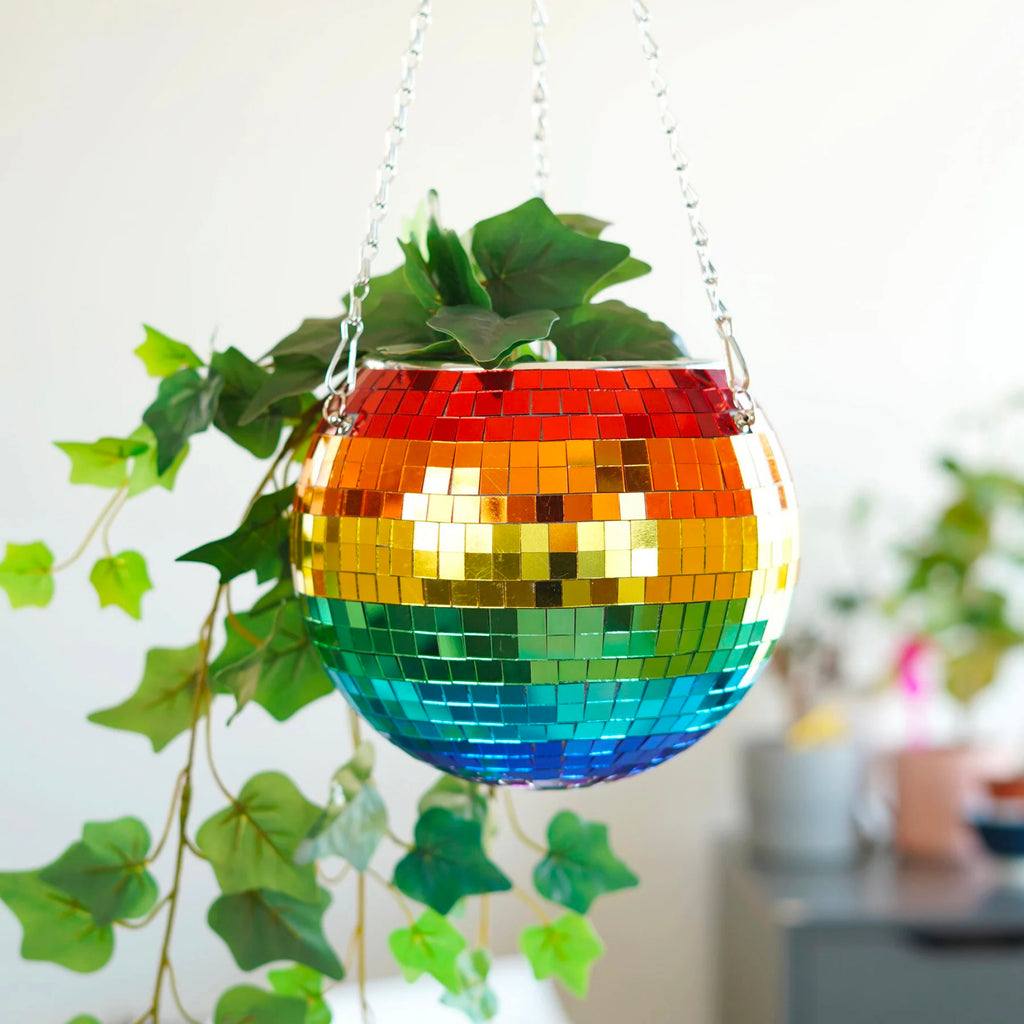 Rainbow Disco Ball Hanging Planter 8 Inch.