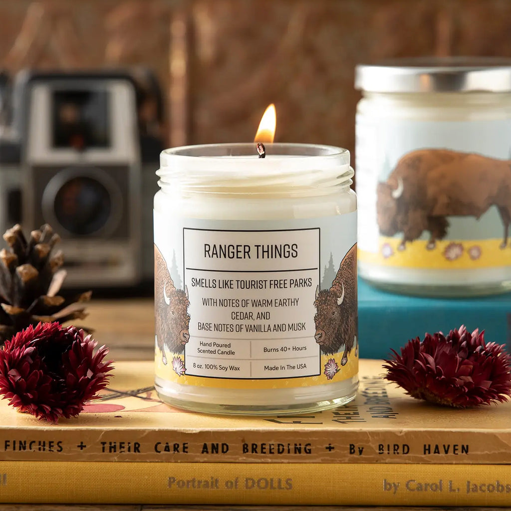 Ranger Things 8oz Soy Candle lit.