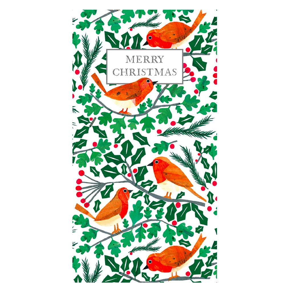 Robins In Holly Tree Long Christmas Card.