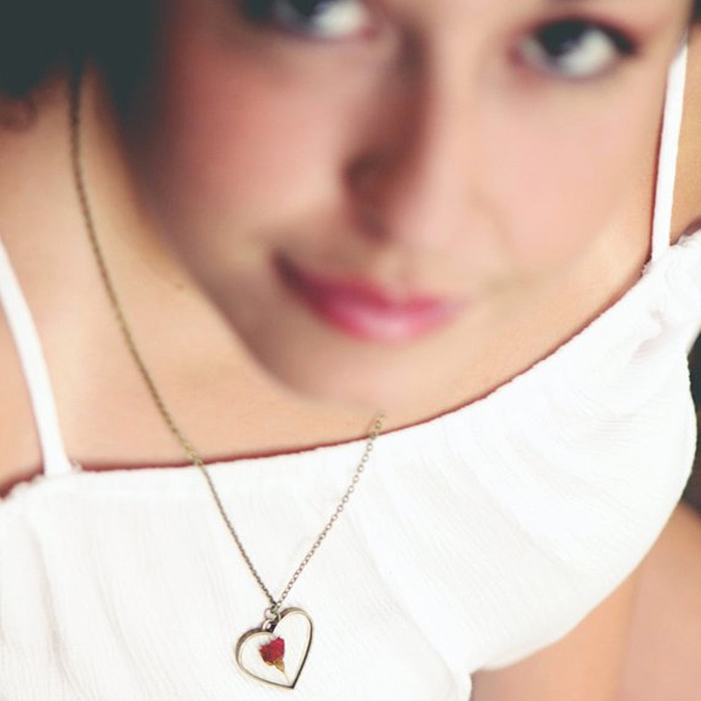 Rose Heart Necklace Antique Bronze being worn.