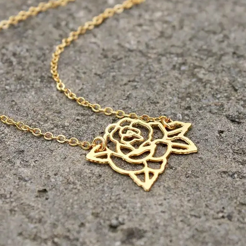 Rose Outline Necklace showing more chain.