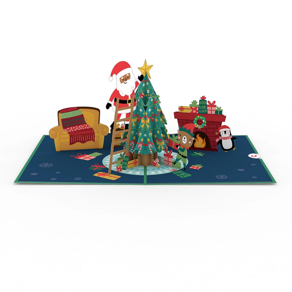 Santa Decorating Christmas Tree Pop Up Card Full View