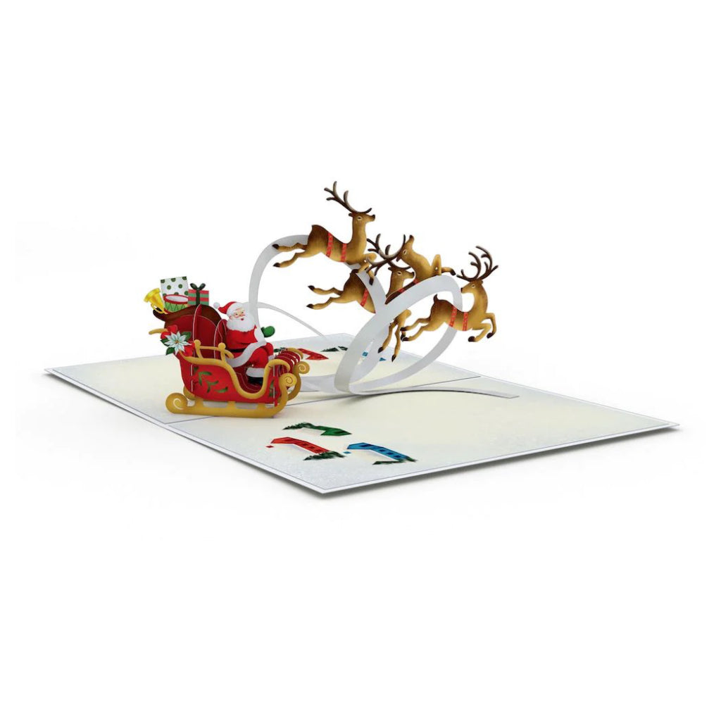 Santa Sleigh and Reindeer 3D Pop Up Card open.