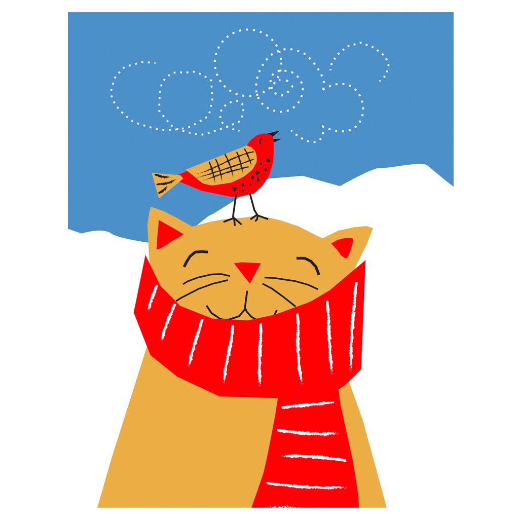 Singing Bird On Cat Christmas Card.