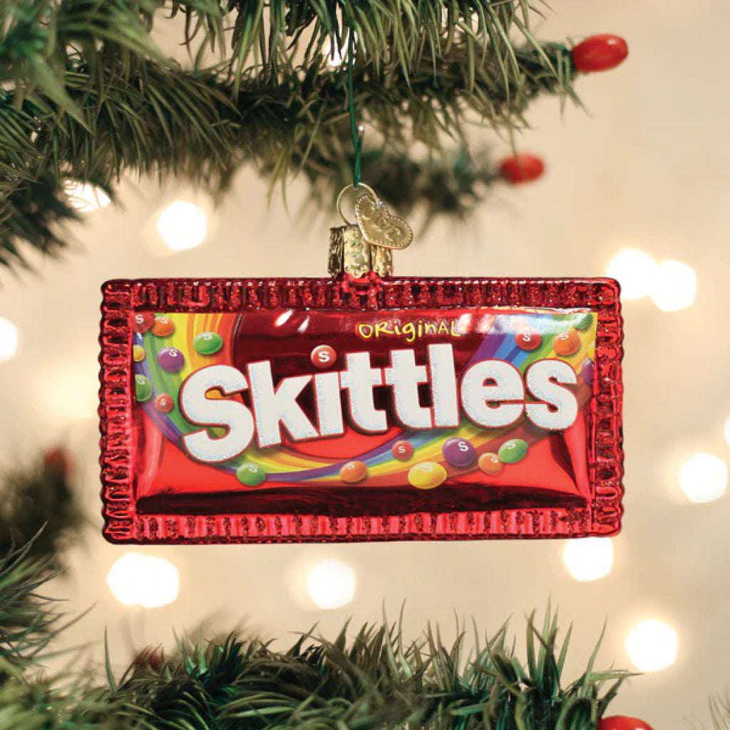 Skittles Ornament in tree.