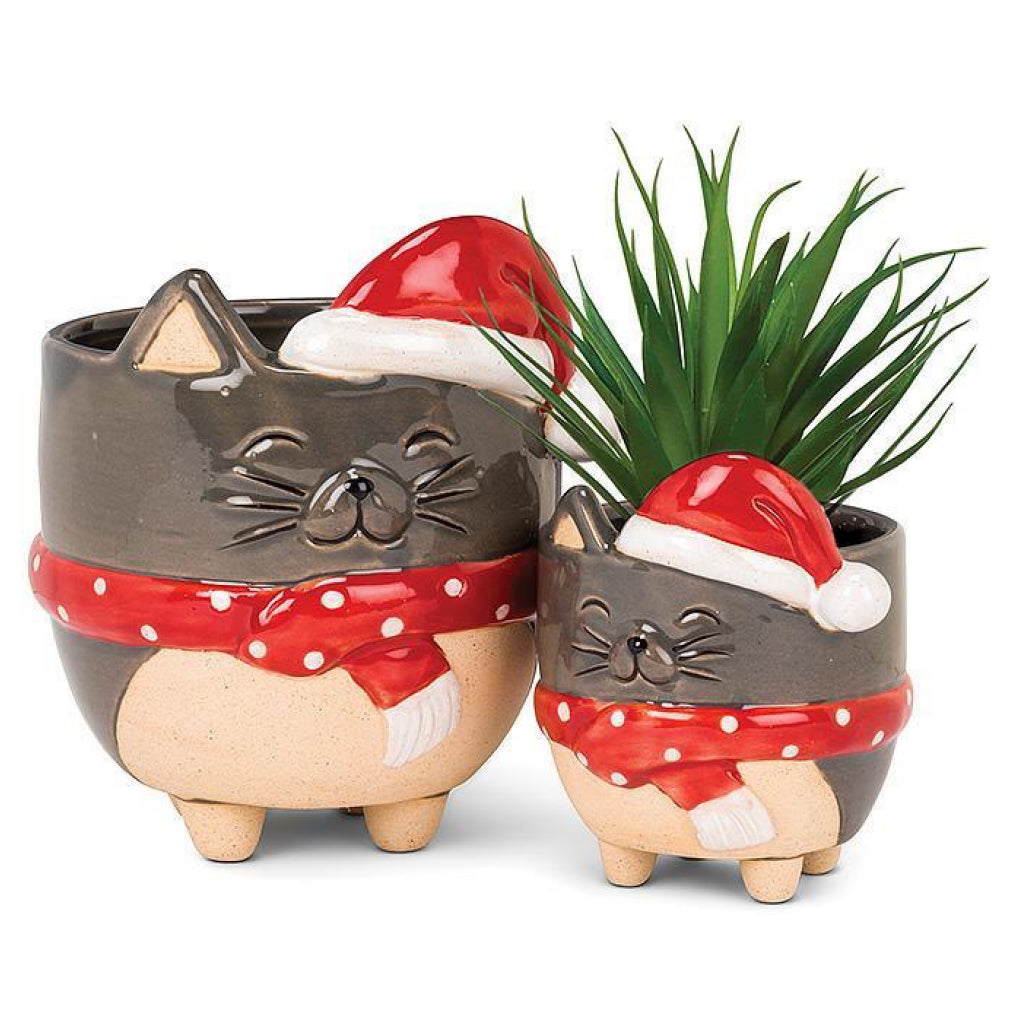 Small Cat In Santa Hat Planter with a plant.
