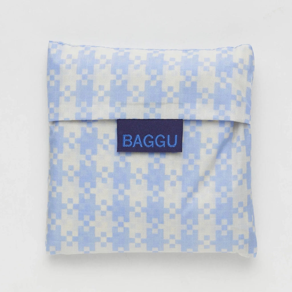 Standard Baggu Blue Pixel Gingham folded.